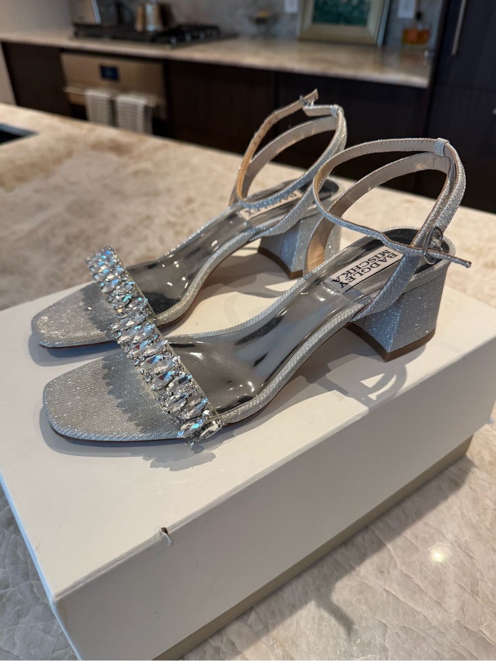 Badgley Mischka Silver Crystal Embellished Womens Sandals Size 7